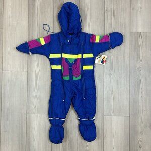 Kids Blue Hooded One-Piece Snow Suit with Neon Accents